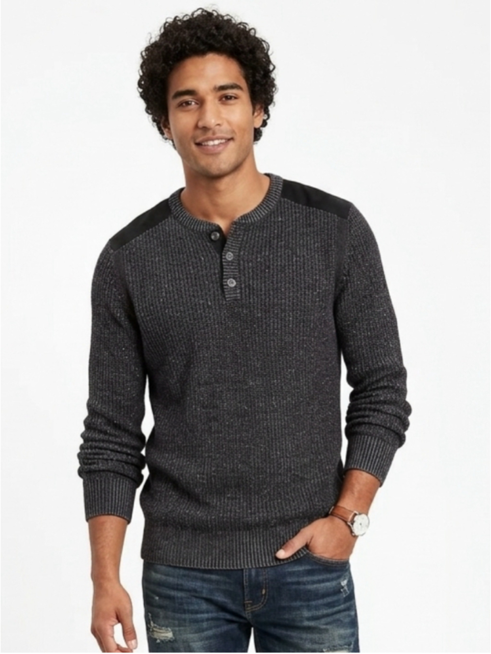 Men's American Rag Mens Cotton Knit Henley Pullover Sweater Charcoal Black L 735